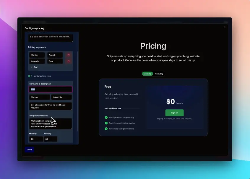 Shipixen dashboard showing AI-powered website generation interface