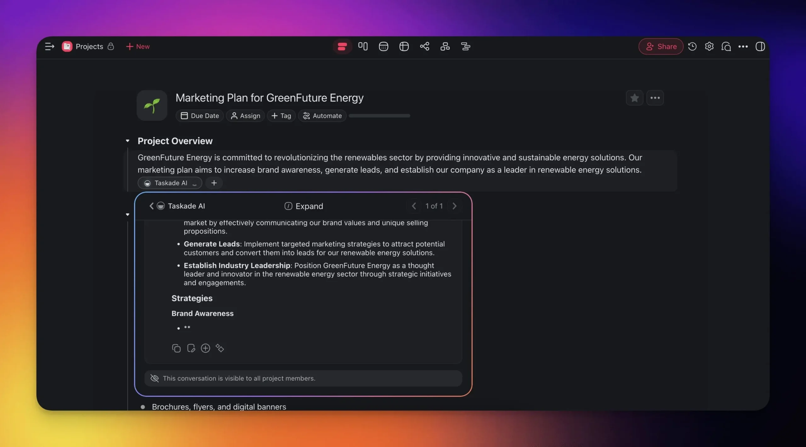 Taskade interface showing AI assistant and task management features