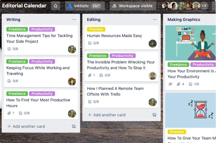 Trello interface showing Kanban boards with AI-powered features and task management