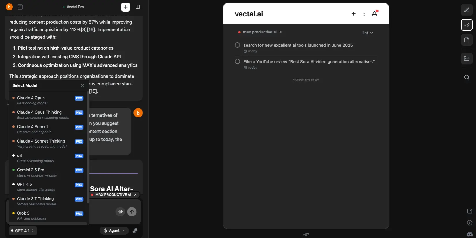 Vectal AI dashboard showing AI-powered task management interface