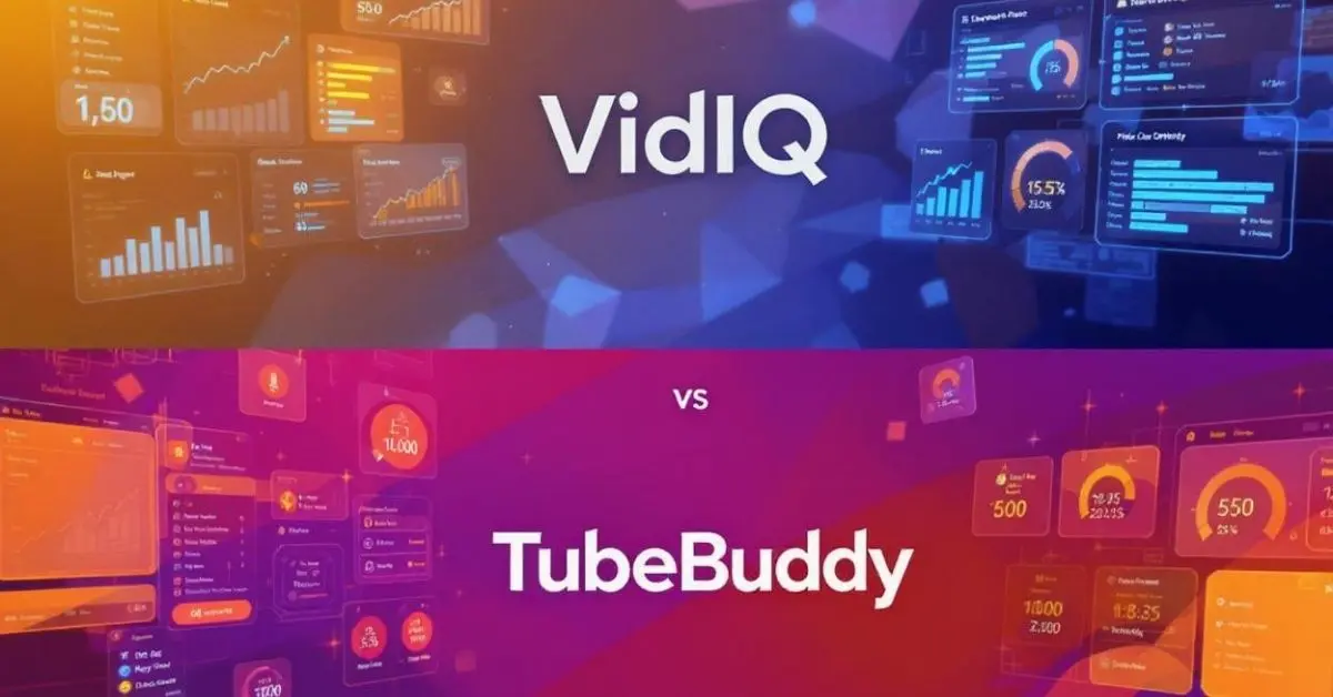 VidIQ vs TubeBuddy comparison showing YouTube analytics and optimization features for small channels, with keyword research, thumbnail testing, and channel growth tools visualized in split-screen layout