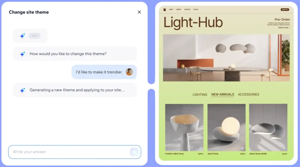 Wix AI website builder showing conversational interface for creating websites