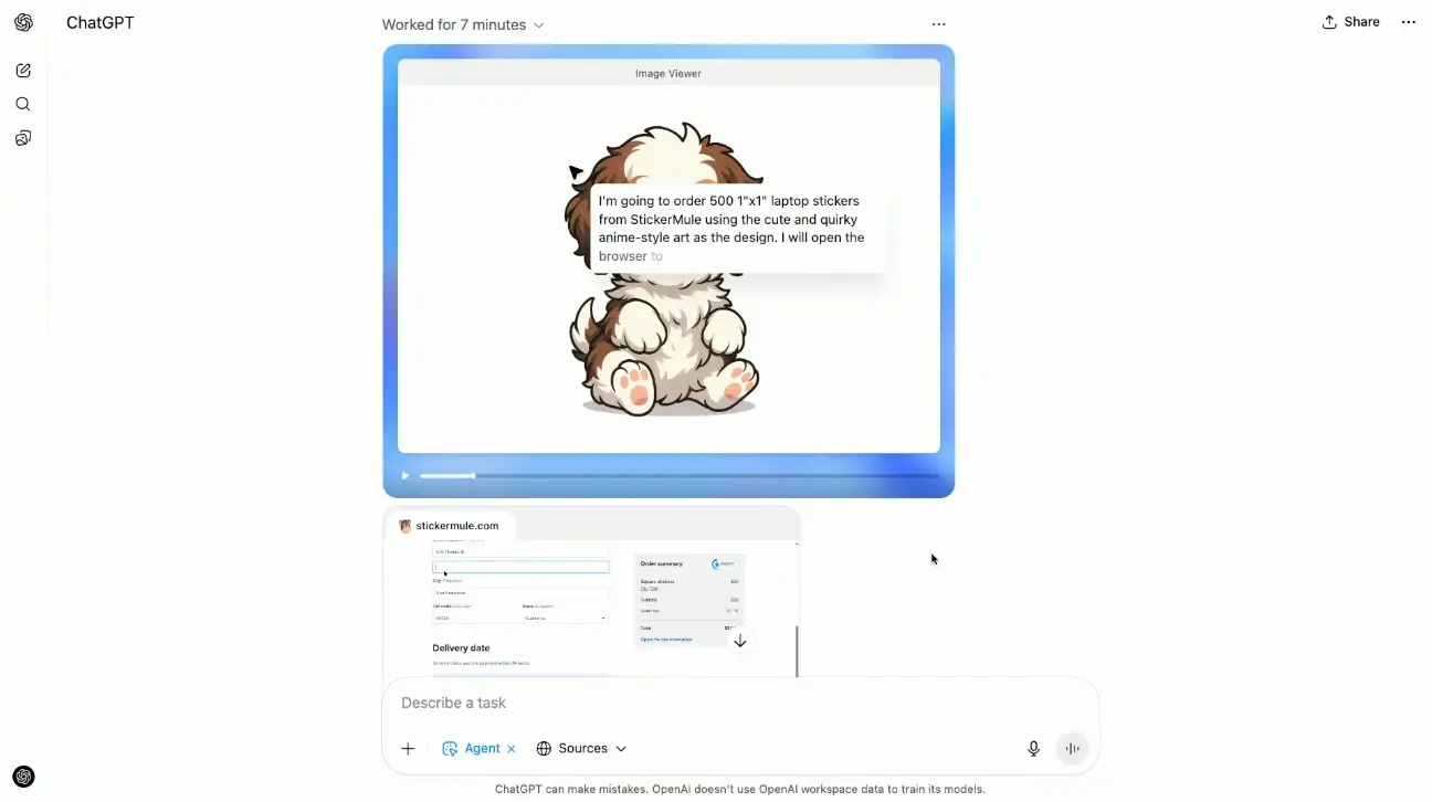 ChatGPT Agent creating anime-style laptop stickers using image generation