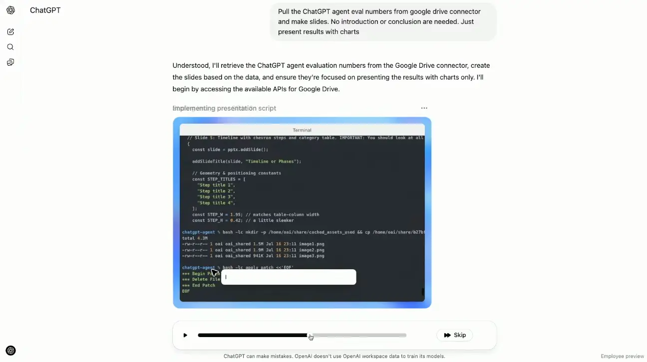 Terminal view of ChatGPT Agent executing presentation script