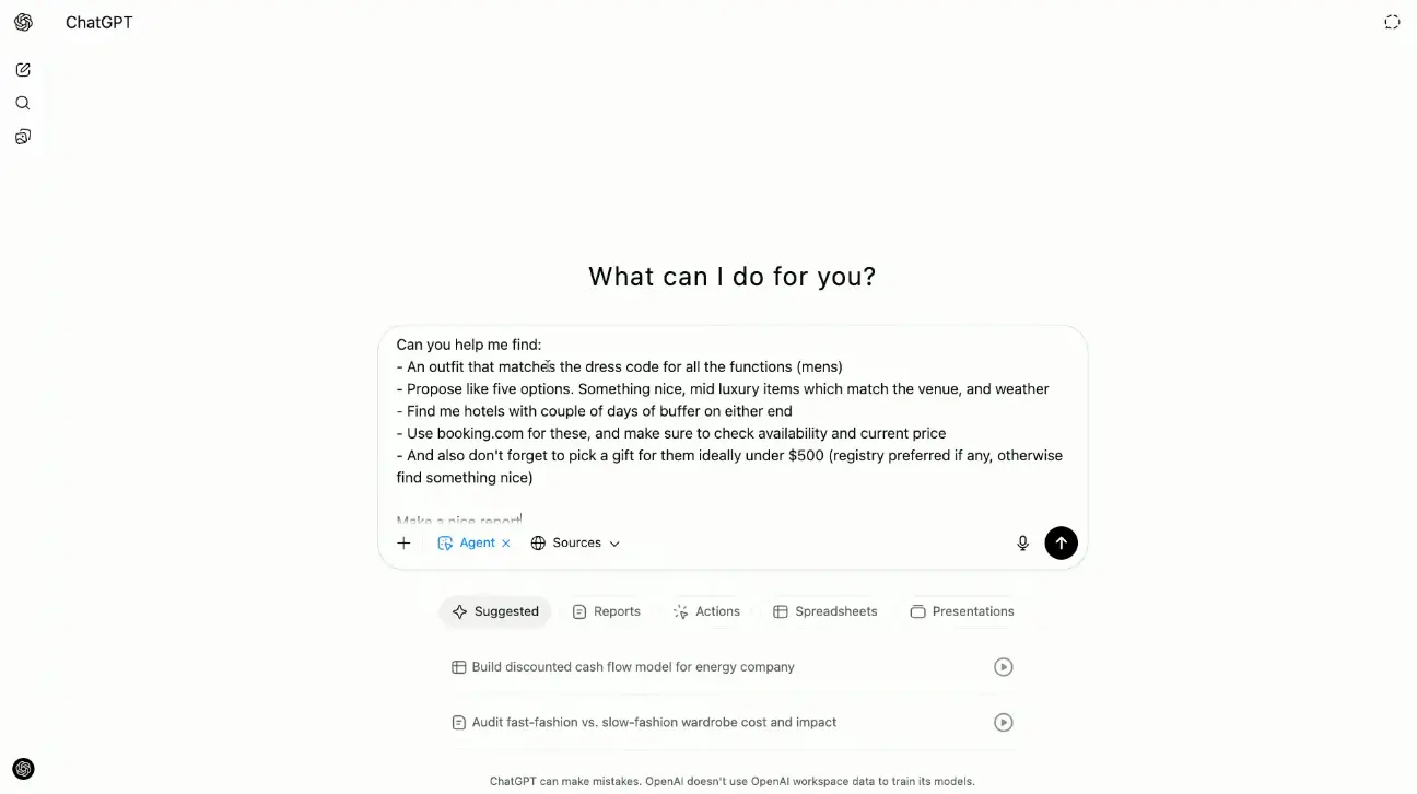Example prompt for ChatGPT Agent wedding planning task