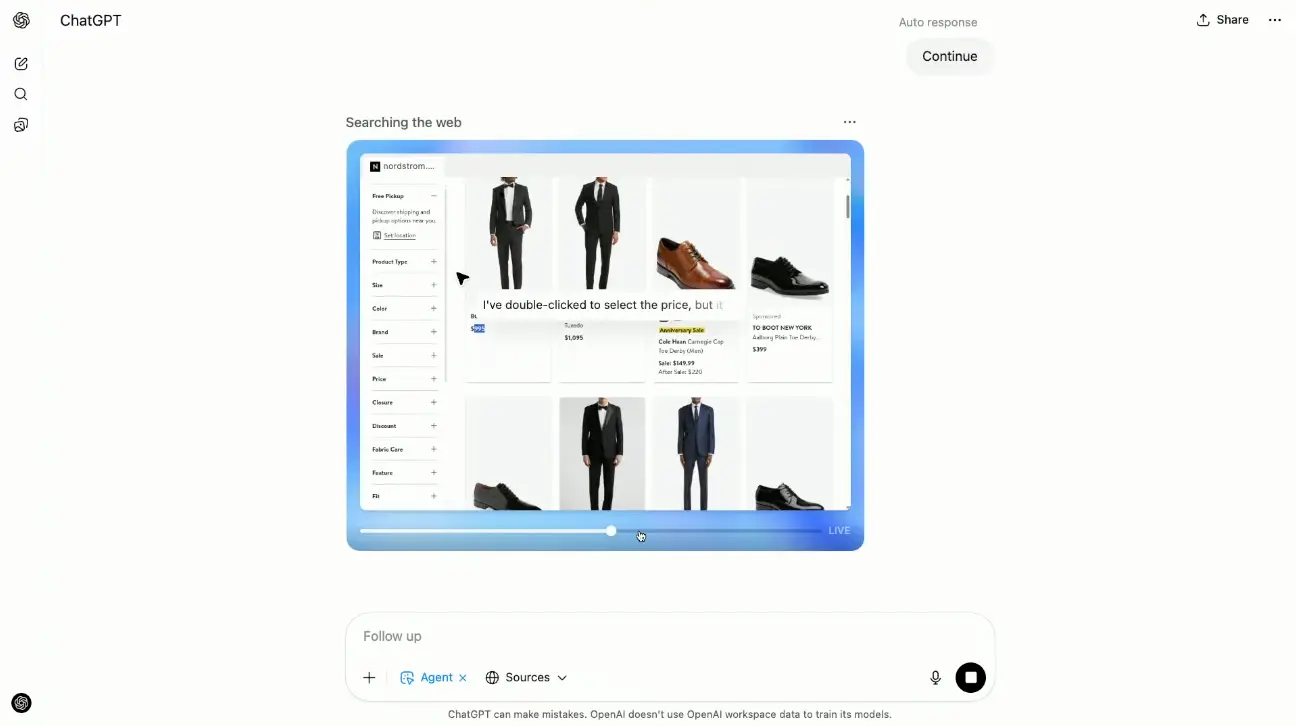 ChatGPT Agent browsing Nordstrom for wedding attire autonomously