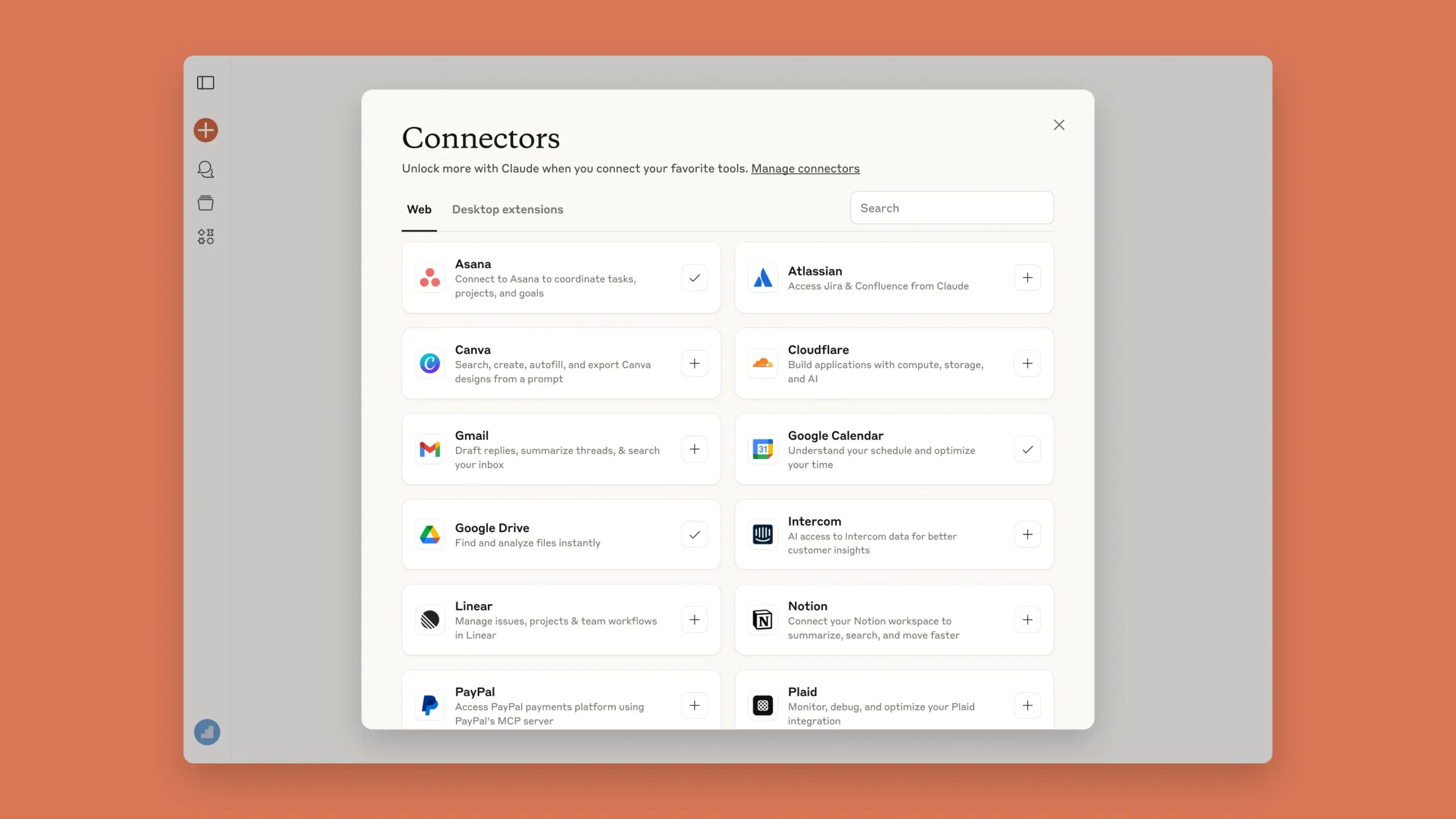 Claude AI Connectors directory showing available integrations including Asana, Gmail, Google Drive, Notion, Canva, Linear, and more productivity tools