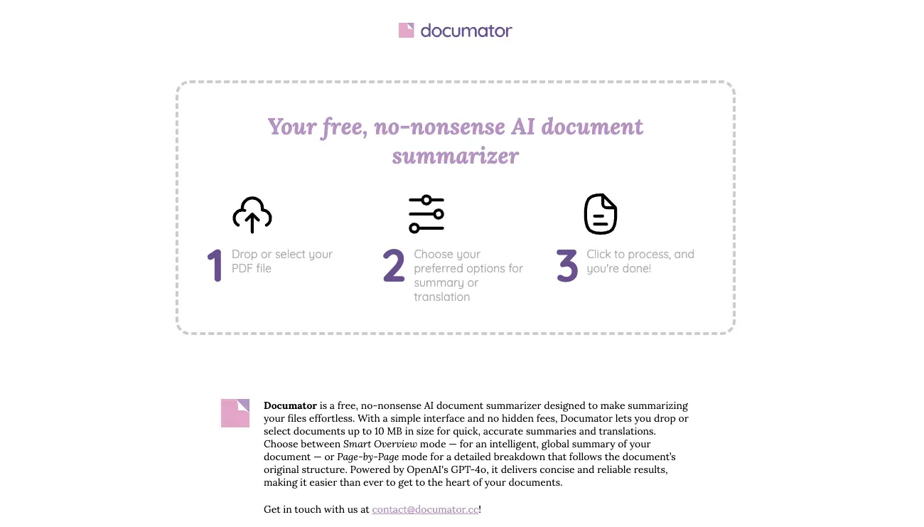 Documator interface showing PDF upload area, summarization in progress, and example output with key points extracted from a lengthy document