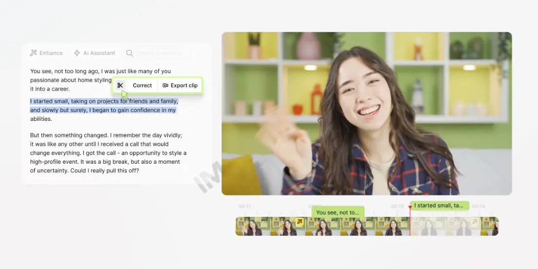 Gling AI review interface showing text-based video editing with automatic silence removal features