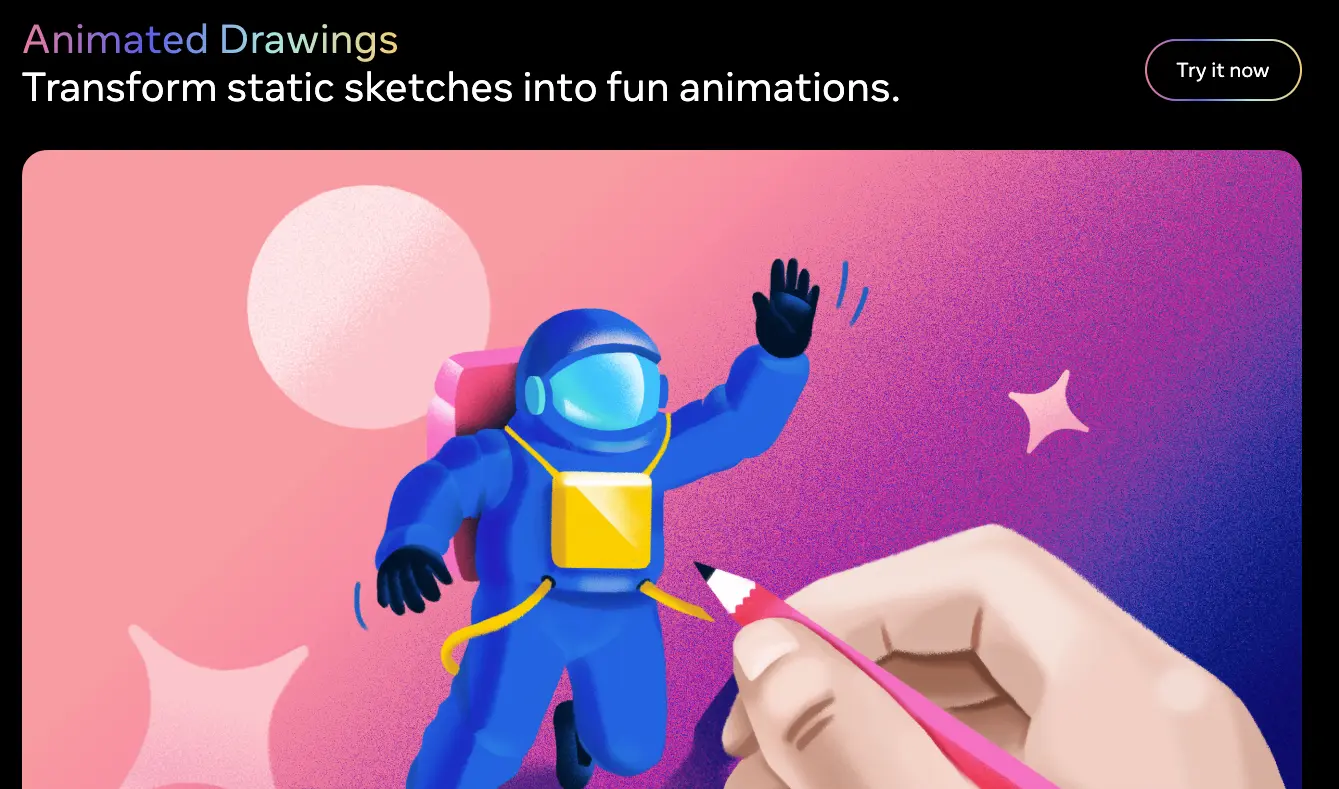 Meta's Animated Drawings interface showing the upload area for drawings, character detection overlay, and examples of animated stick figures and characters in motion