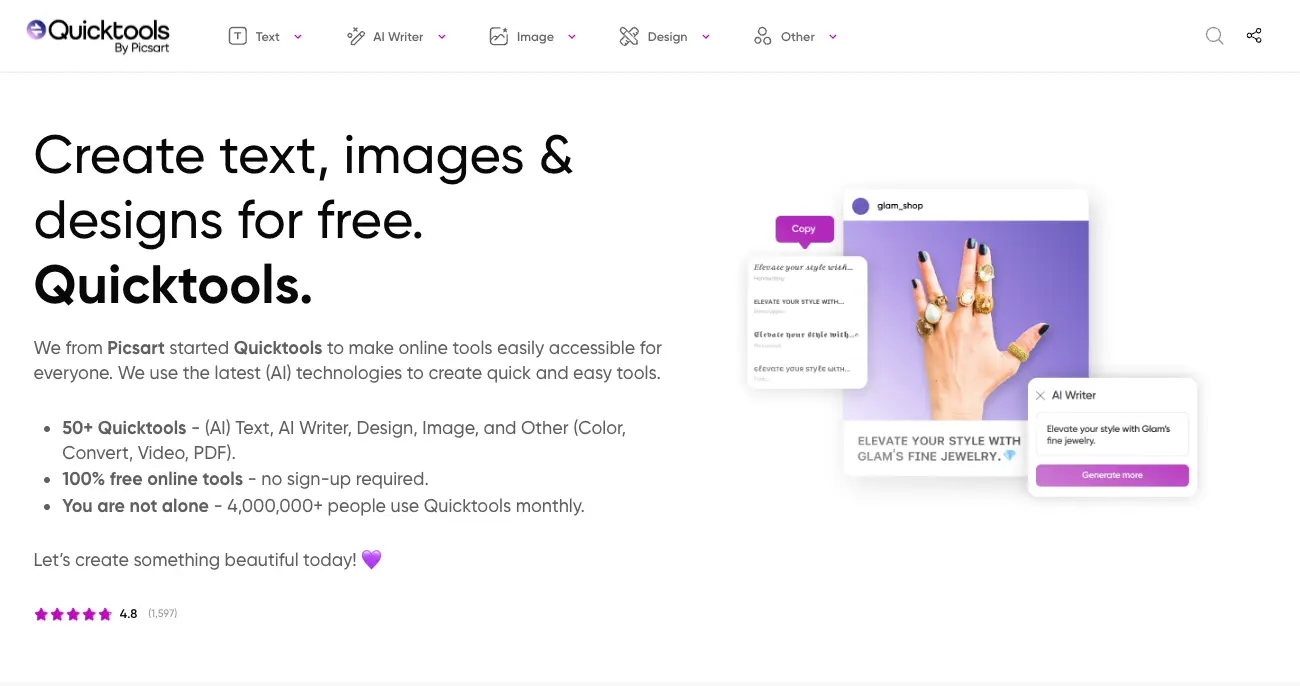 Picsart AI tools section showing the writing tools interface with options for captions, text generation, and the integration with their broader platform