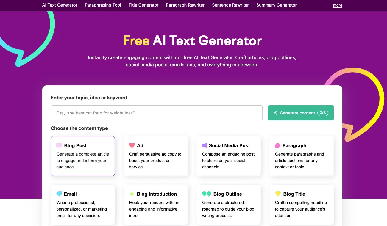 SEMrush AI text generator showing the simple interface with daily usage counter and the SEO-focused output examples