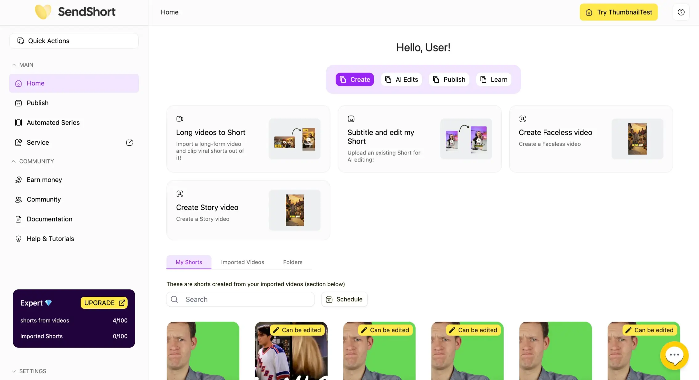 SendShort review AI video editor interface showing the main dashboard with video upload and shorts creation options