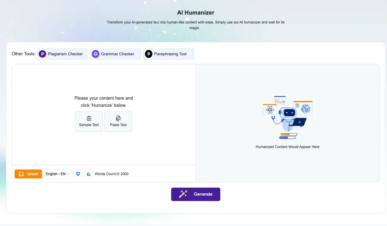 SmallSEOTools AI humanizer interface showing the text input area, humanization process, and before/after comparison of AI-generated content