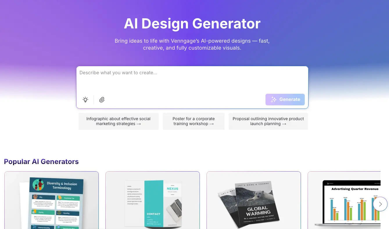 Venngage AI infographic creator showing template selection, basic editing interface, and examples of generated infographics and charts