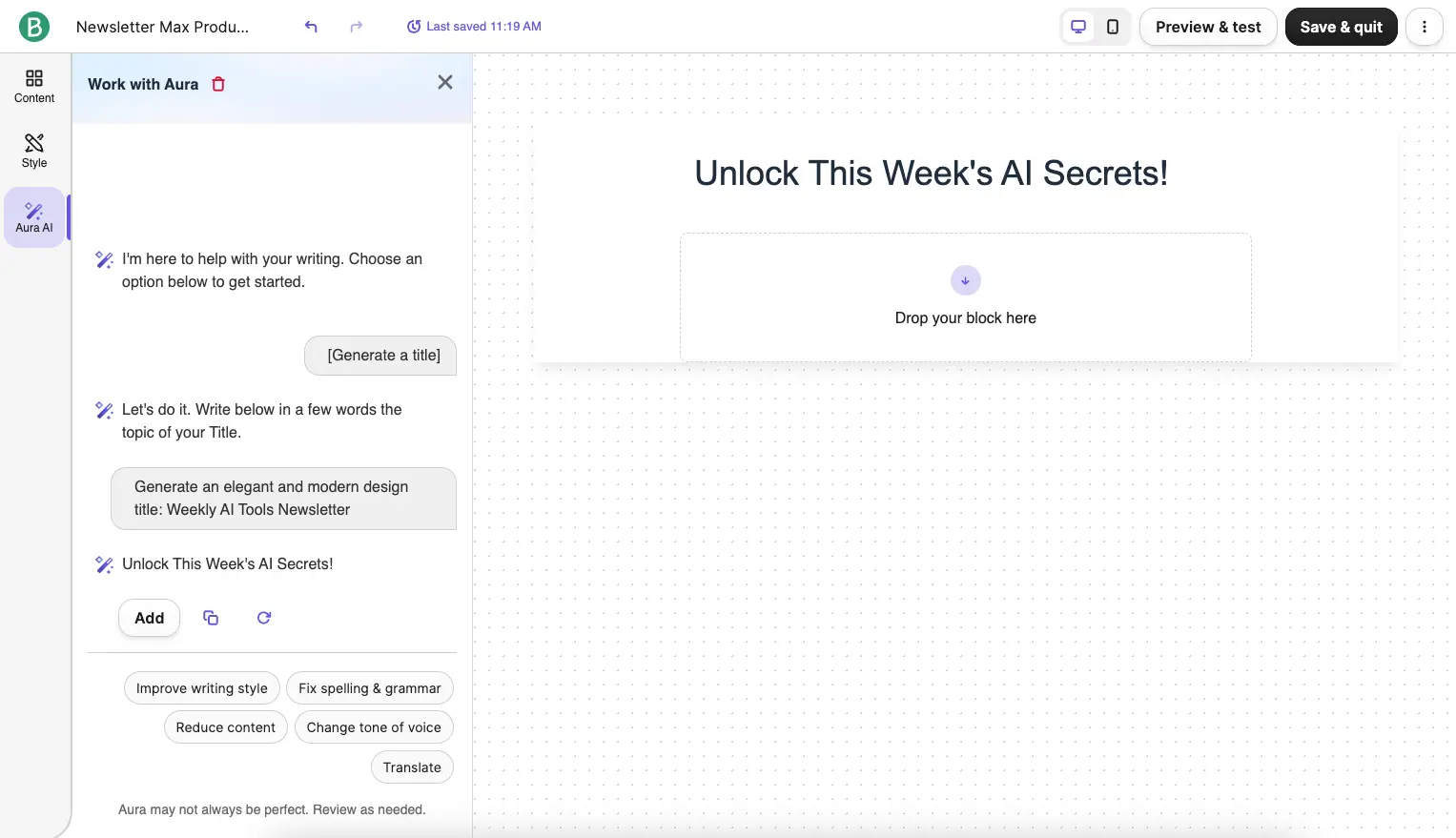 Brevo Aura AI Assistant Content Generation Interface