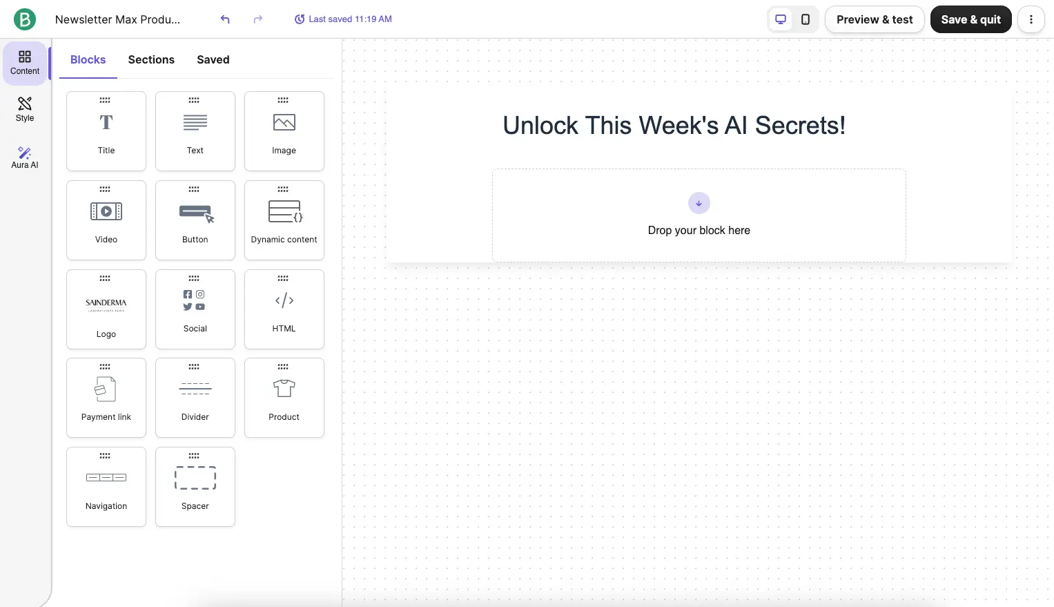 Brevo Email Editor Drag and Drop Interface