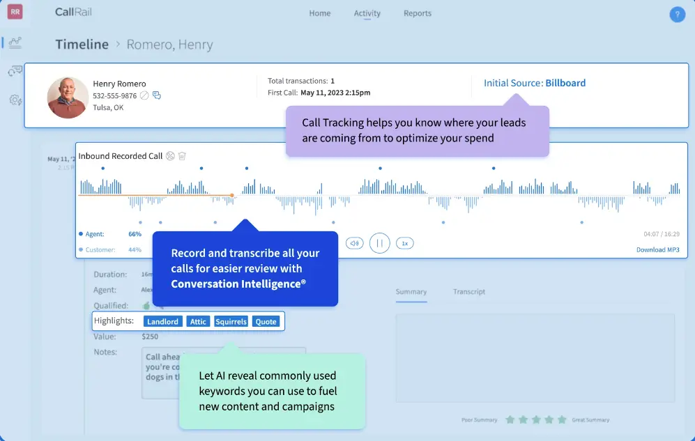 CallRail comprehensive call tracking platform interface showcasing conversation intelligence and analytics dashboard