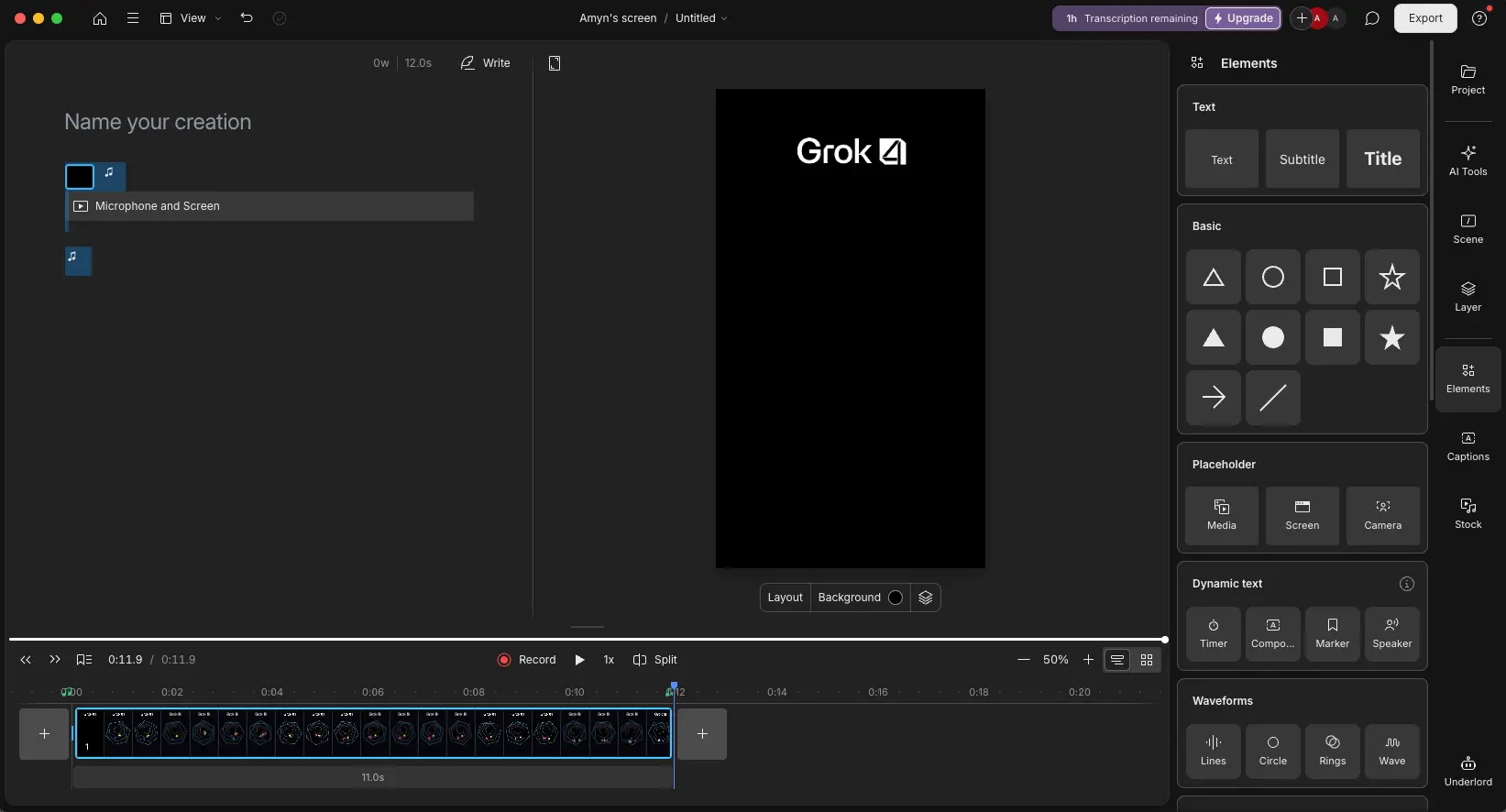 Descript Elements panel showing shapes, text options, and design tools