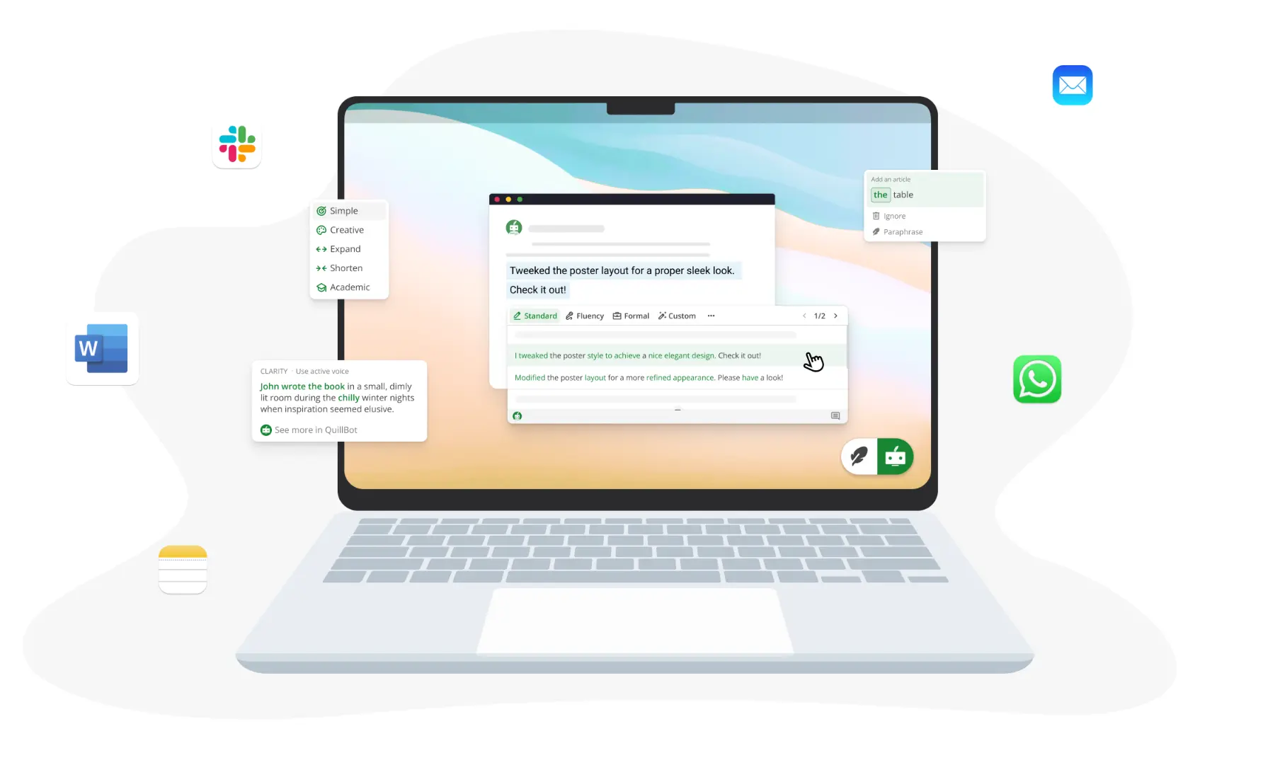 QuillBot comprehensive writing platform interface showcasing paraphraser and grammar checker tools