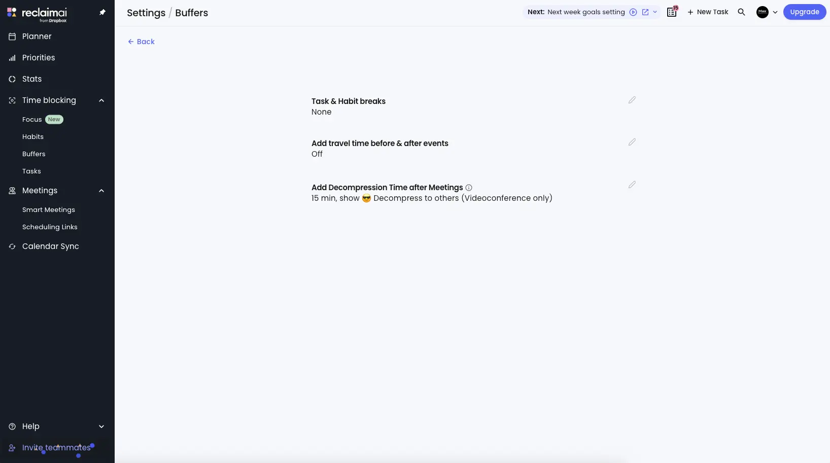 Reclaim AI Intelligent Buffer Settings Dashboard