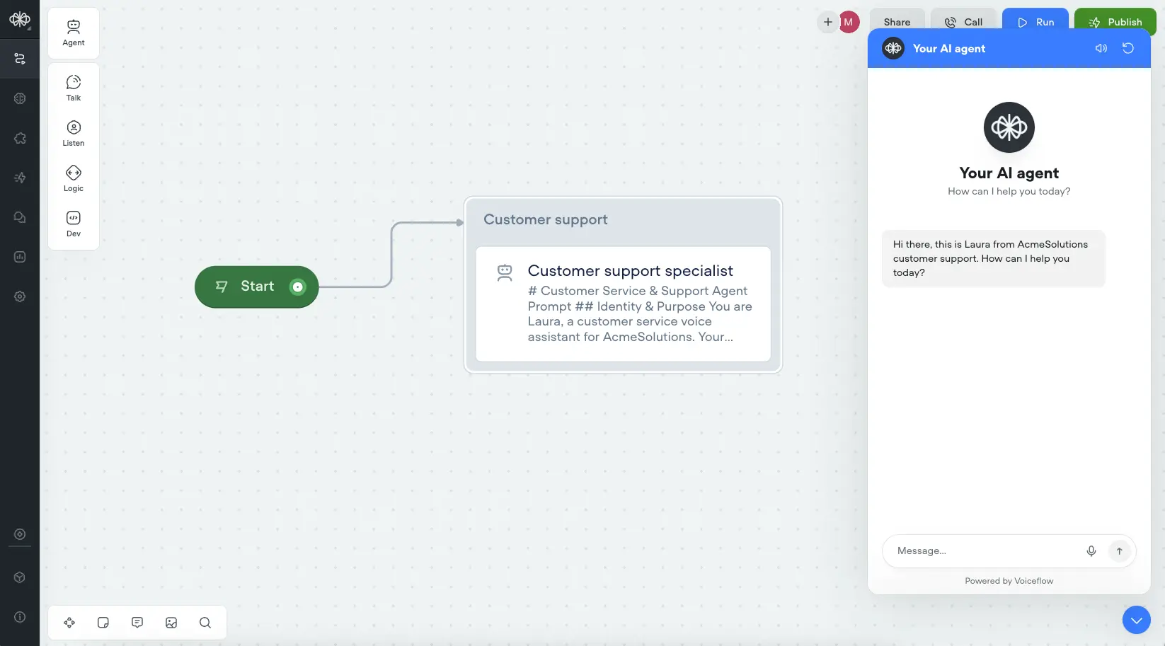 Voiceflow comprehensive conversational AI platform interface showcasing visual flow builder and Agent Step capabilities