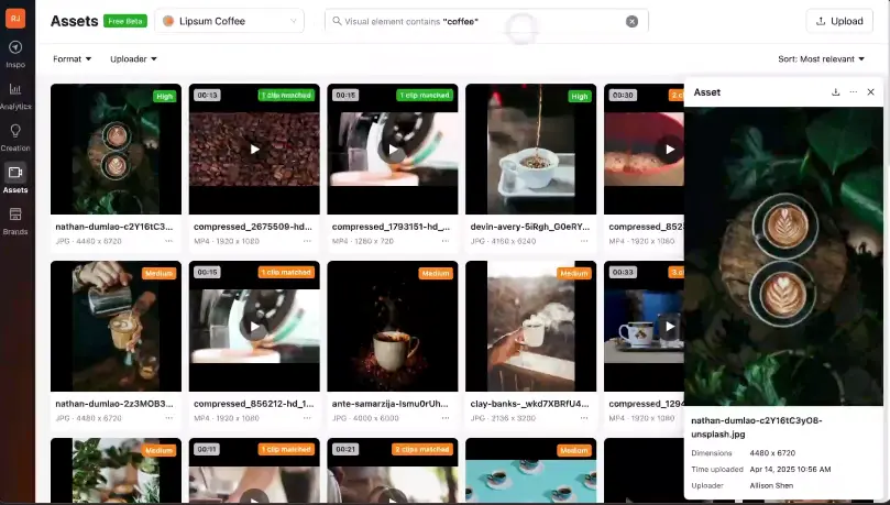 Atria AI interface showing ad library and Radar performance scoring