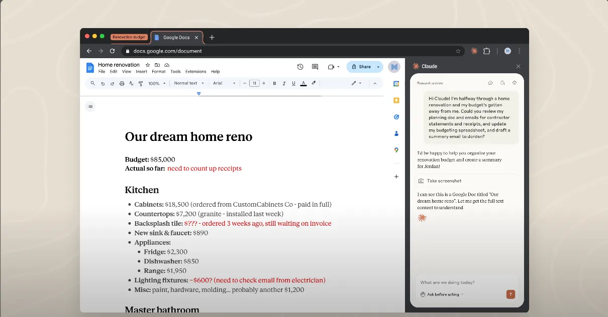 Claude for Chrome extension in action showing AI assistant sidebar while working on documents in browser