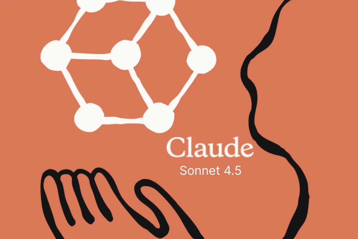Claude Sonnet 4.5 launch announcement featuring AI model branding with hand and molecular network structure