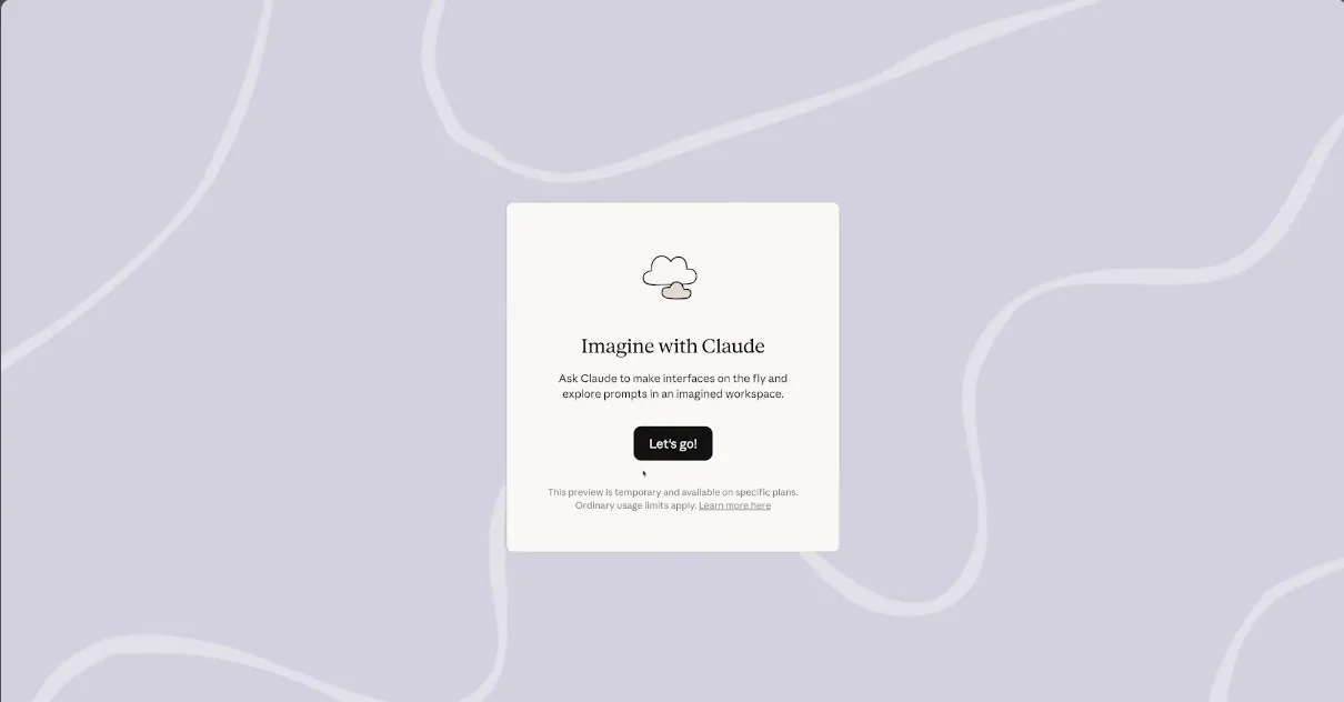 Imagine with Claude interface showing AI-generated software preview feature in Claude Sonnet 4.5