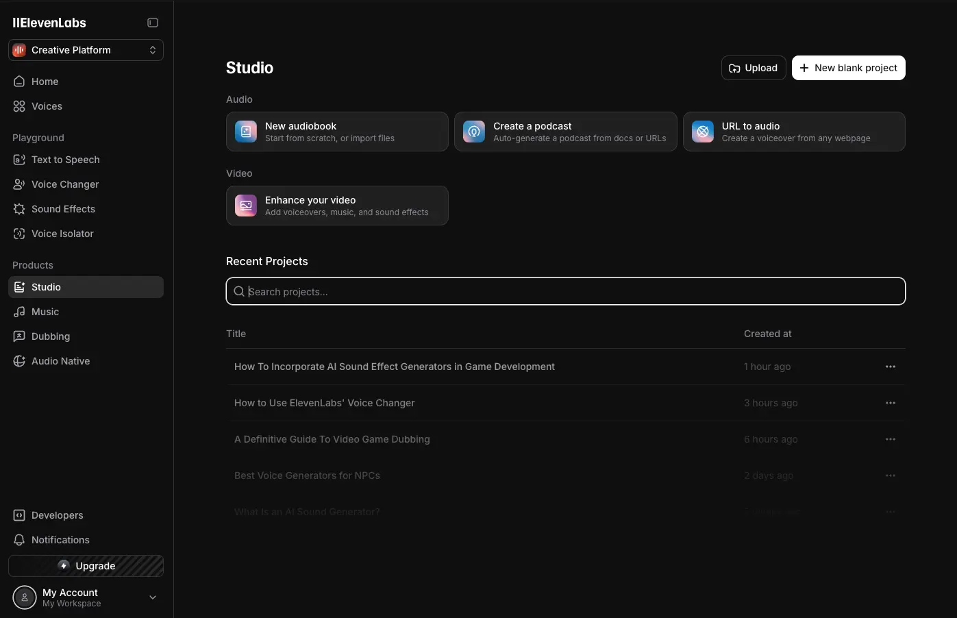 ElevenLabs Studio 3.0 main interface dashboard showing video and audio editing workspace