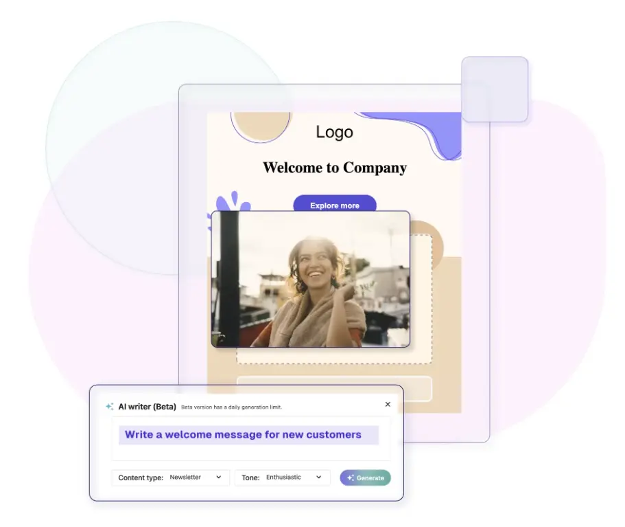Moosend AI email writer interface showing drag-and-drop editor, automation workflows, and real-time analytics