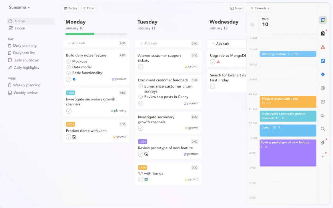 Sunsama daily planner interface showing time blocking calendar, task management, and integrations dashboard