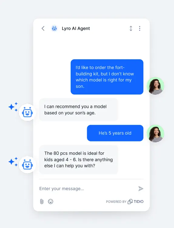 Tidio Lyro AI agent interface showing customer support automation dashboard