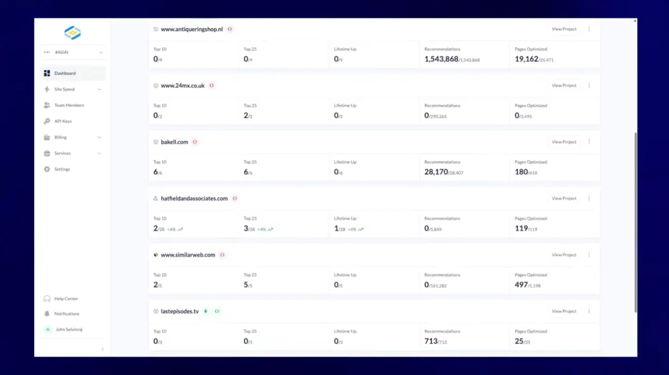 Alli AI dashboard interface showing bulk SEO optimization and technical automation features