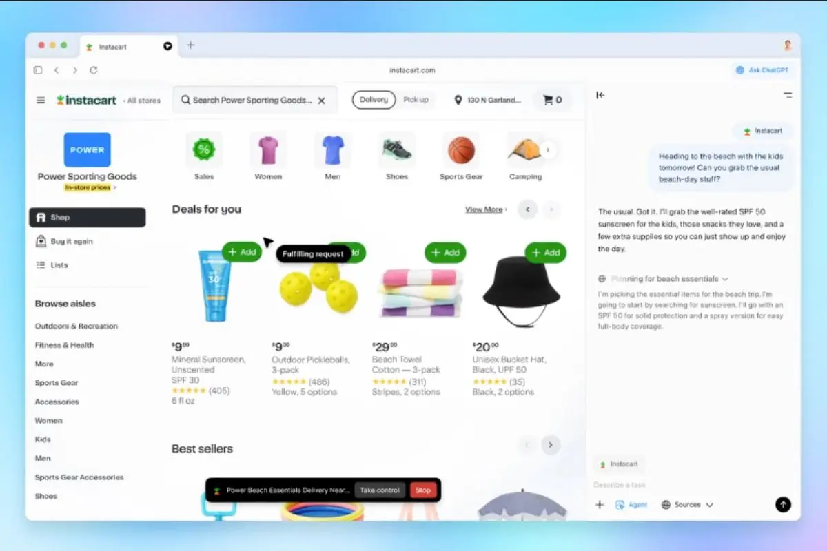 OpenAI Atlas browser ChatGPT agent automating Instacart shopping with AI-powered product recommendations