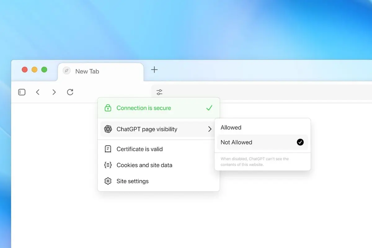 OpenAI Atlas browser privacy settings showing ChatGPT page visibility toggle with Not Allowed option selected