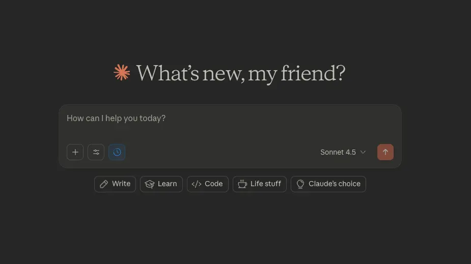 Claude AI Sonnet 4.5 interface showing advanced chatbot capabilities and clean design