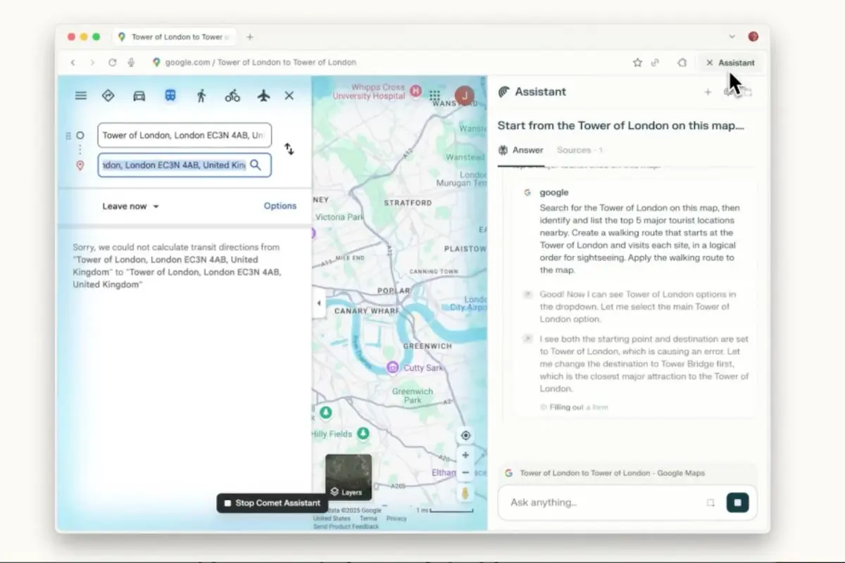Perplexity Comet browser assistant providing travel directions from Tower of London with AI-powered route planning