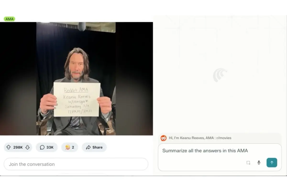 Perplexity Comet browser summarizing Reddit AMA answers with AI assistant interface