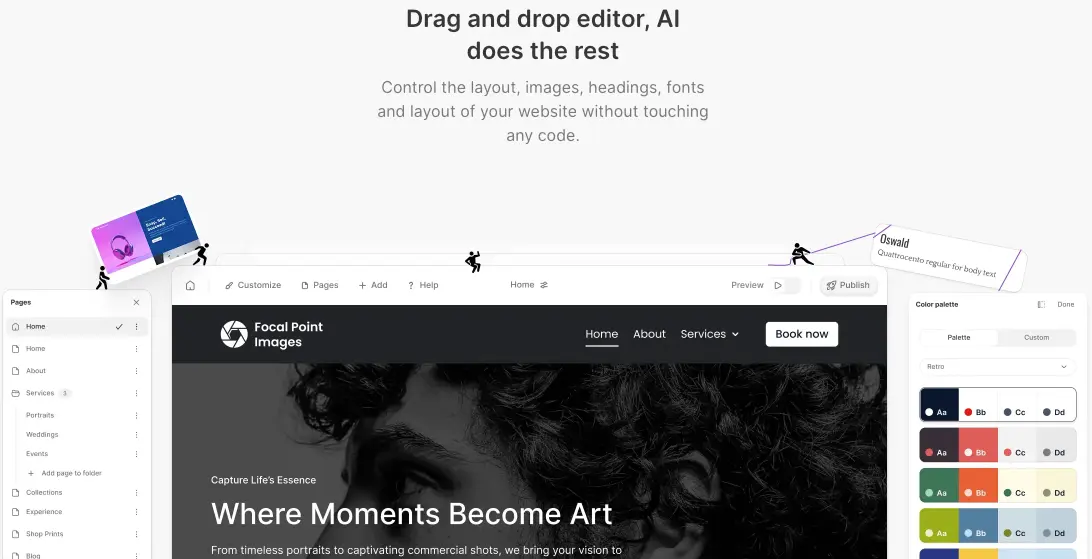 Durable AI interface showing AI-powered website builder with drag-and-drop editor