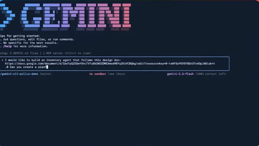 Gemini CLI terminal interface showing command-line AI capabilities for developers and automation