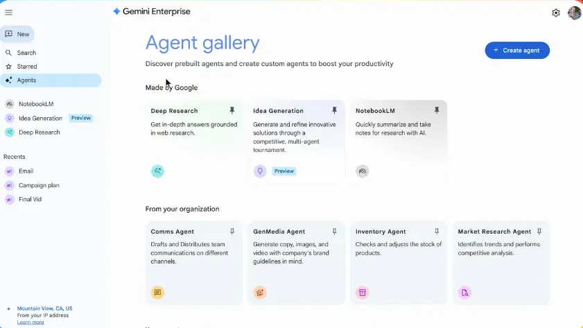 Gemini Enterprise agent gallery dashboard displaying pre-built AI agents and custom agent builder capabilities