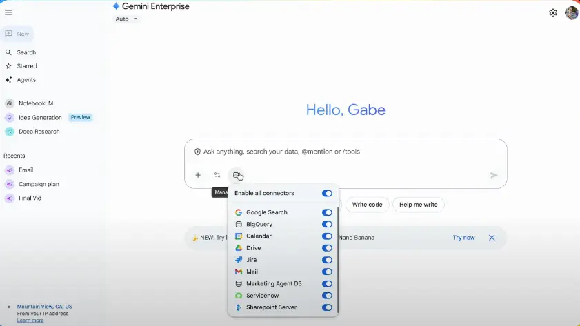 Gemini Enterprise chat interface showing data connector integrations with Microsoft 365, Salesforce, and enterprise systems