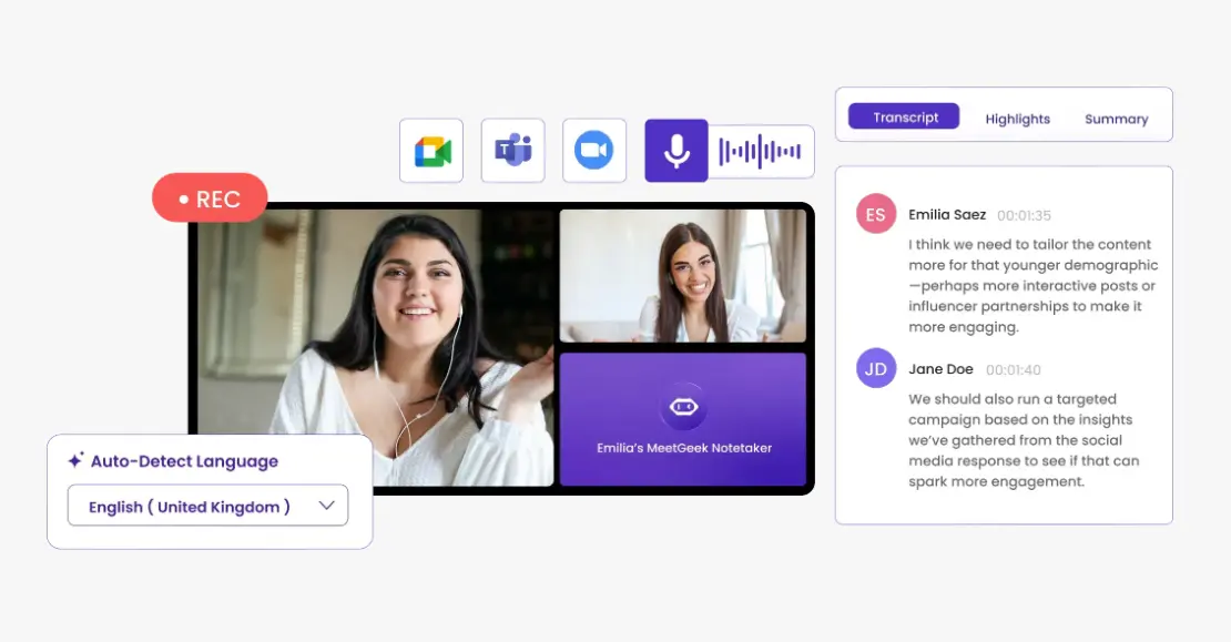 MeetGeek interface showing AI transcription and meeting summary features