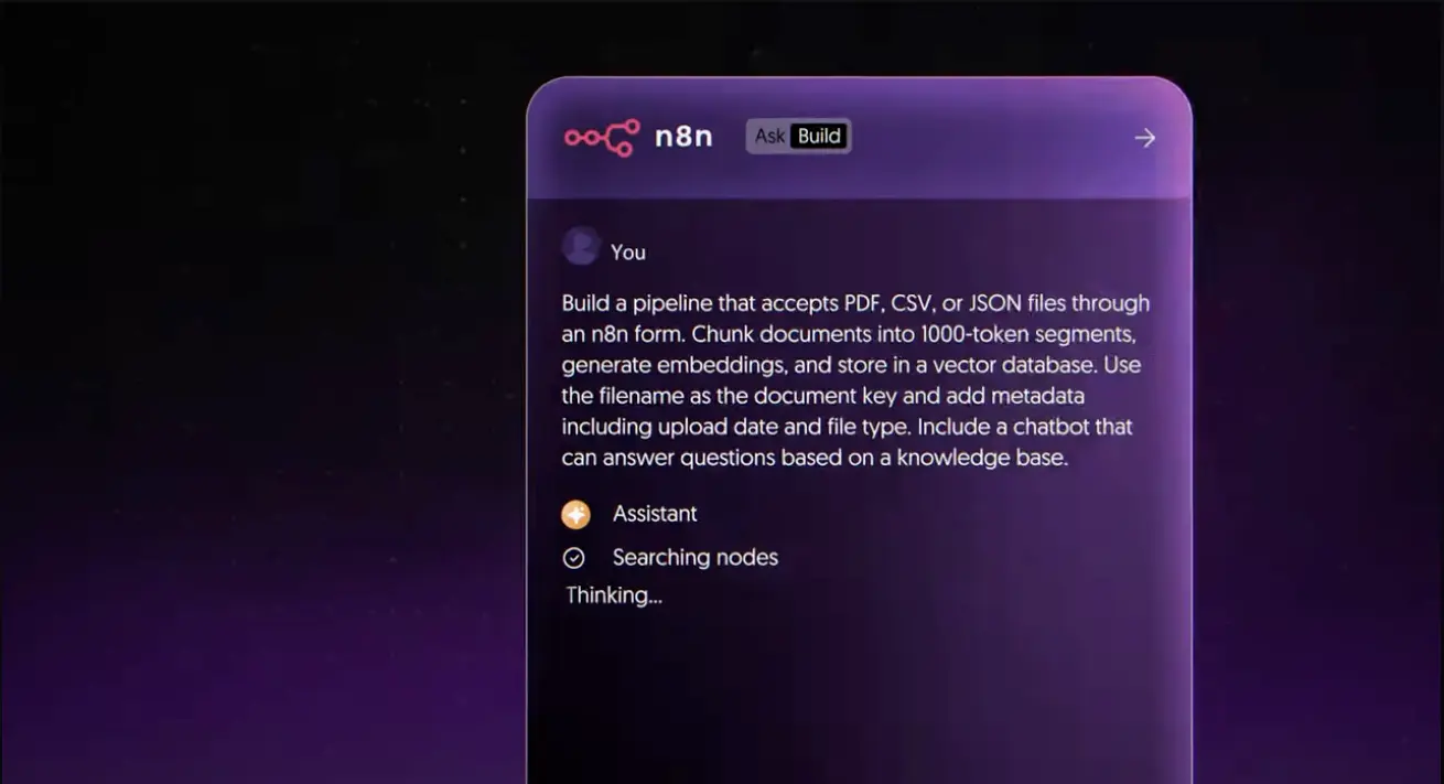 Conversational workflow builder interface in n8n showing natural language prompt interaction for automation creation