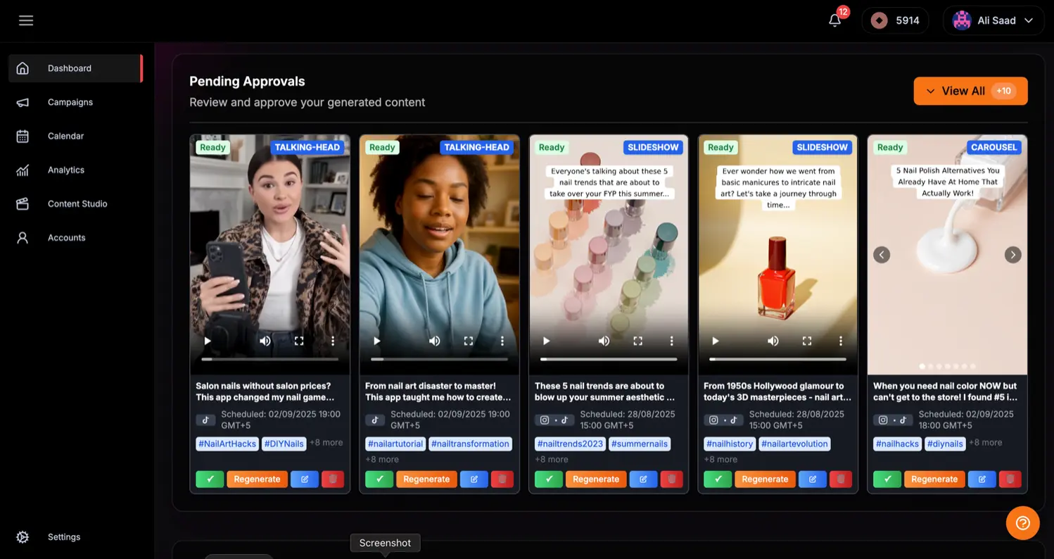 Oz AI marketing automation platform interface showing content creation and scheduling dashboard