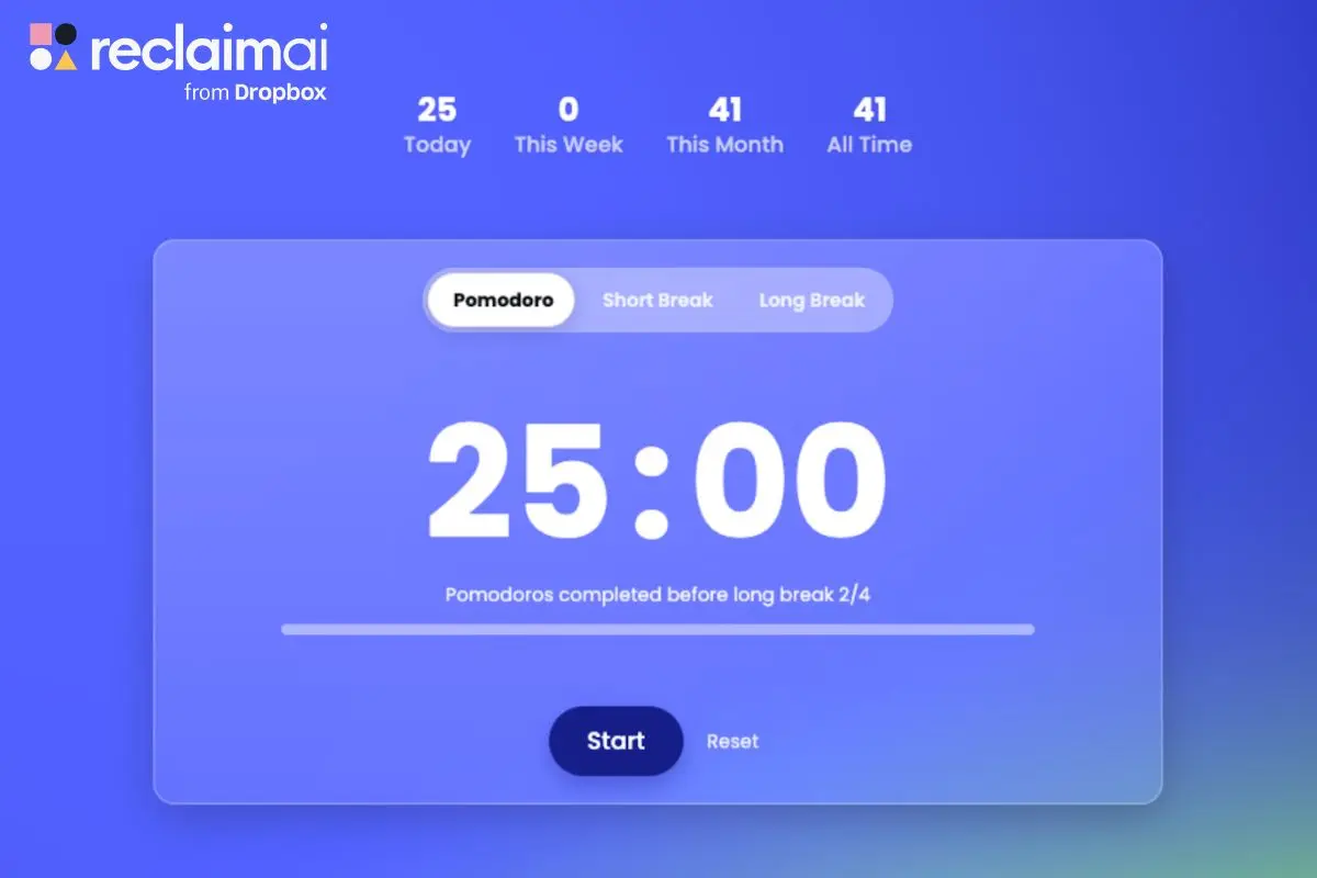 Reclaim AI Pomodoro timer interface showing 25 minute countdown with statistics tracking and customizable break settings