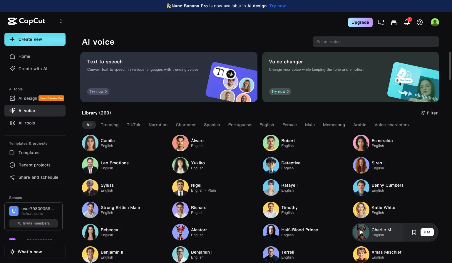 CapCut AI voice library