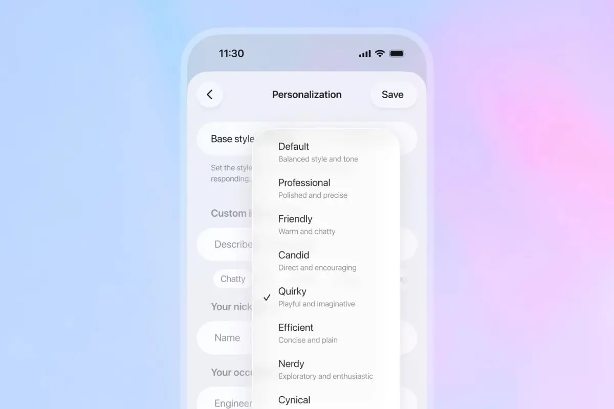 ChatGPT personalization menu displaying new tone options including Default, Professional, Friendly, Candid, Quirky, Efficient, Nerdy, and Cynical styles